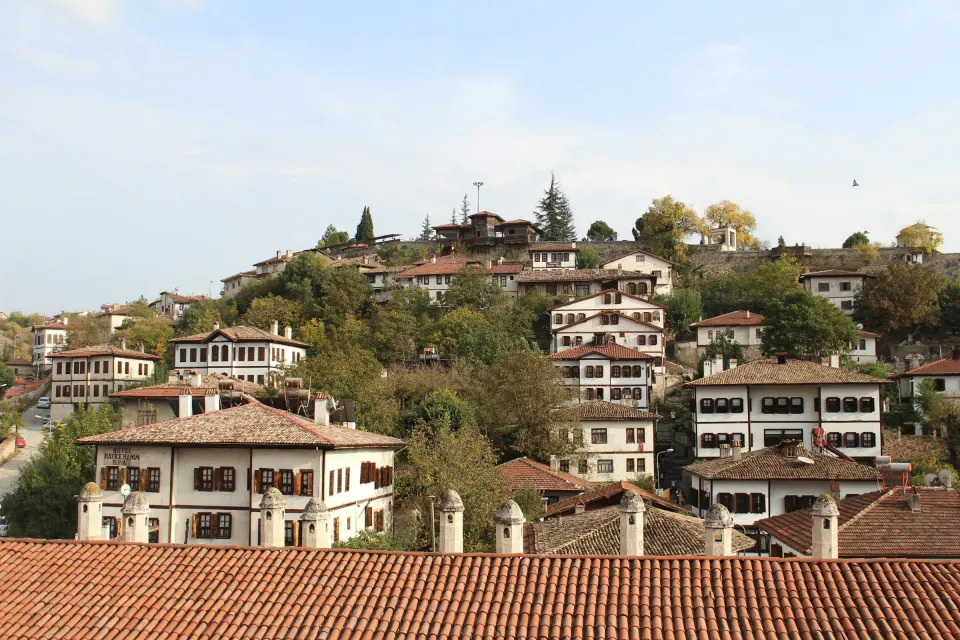 Safranbolu'da yamaçtaki tarihi evler ve ağaçlar